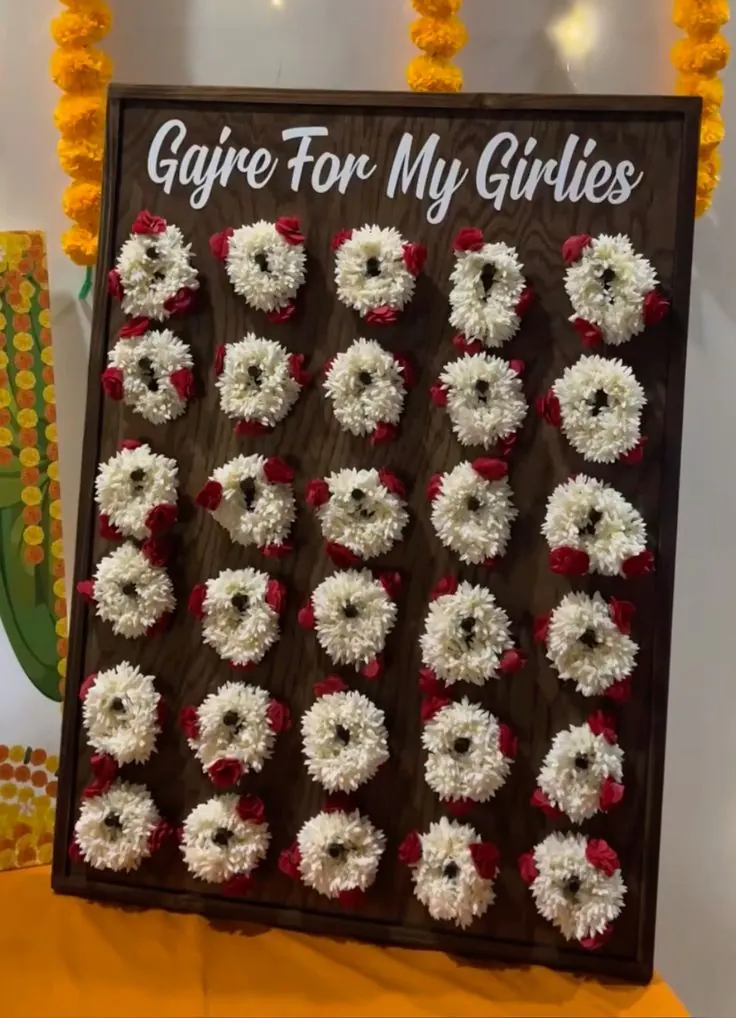 Gajre display board with jasmine and rose bracelets for Mehndi guests