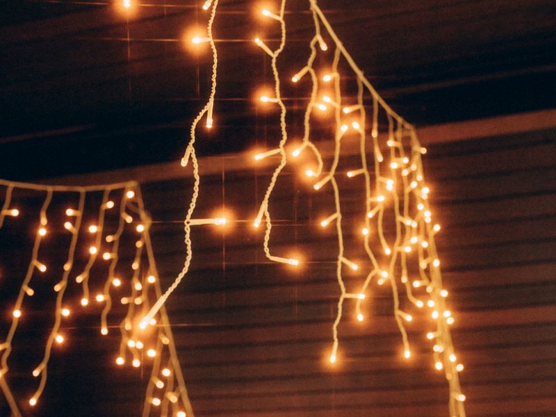 Warm-white fairy lights glowing at night